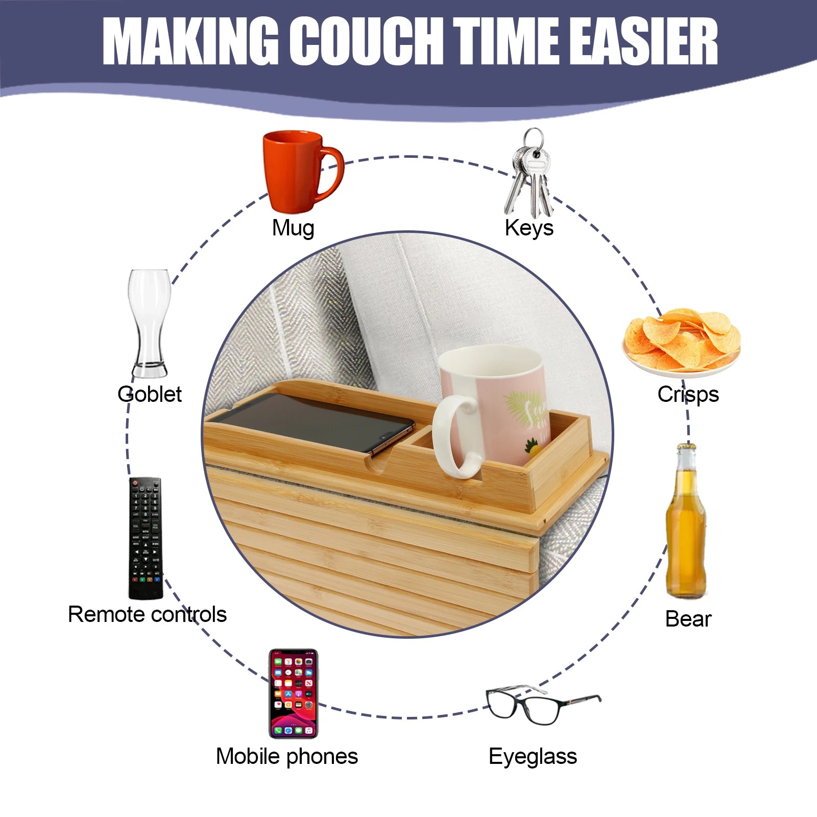 Couch Cup Holder and Side Storage Tray